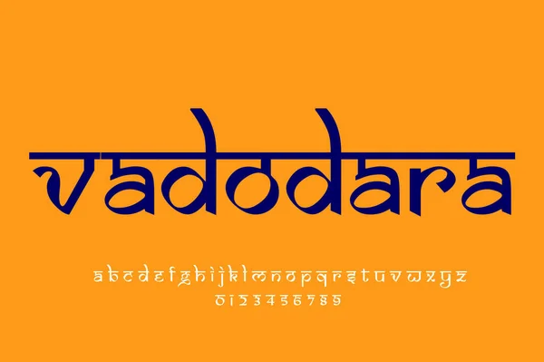 Indian City vadodara text design. Indian style Latin font design, Devanagari inspired alphabet, letters and numbers, illustration.