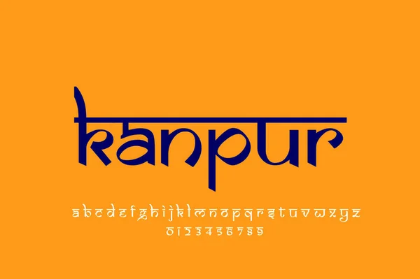 Indian City kanpur text design. Indian style Latin font design, Devanagari inspired alphabet, letters and numbers, illustration.