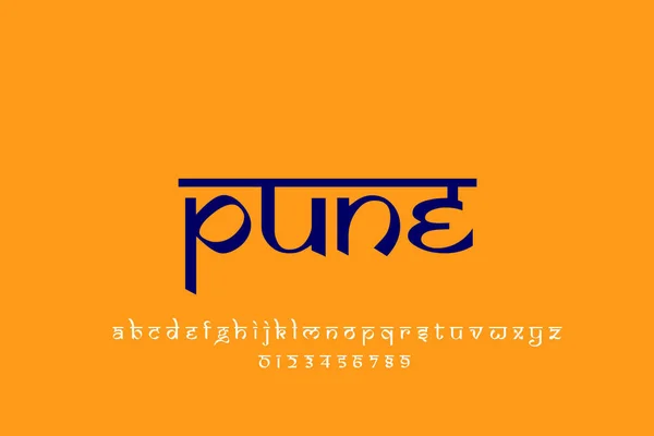 Indian City Pune text design. Indian style Latin font design, Devanagari inspired alphabet, letters and numbers, illustration.