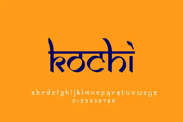 Indian City Kochi text design. Indian style Latin font design, Devanagari inspired alphabet, letters and numbers, illustration.