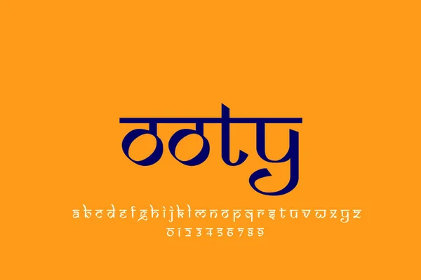 Indian City Ooty text design. Indian style Latin font design, Devanagari inspired alphabet, letters and numbers, illustration.