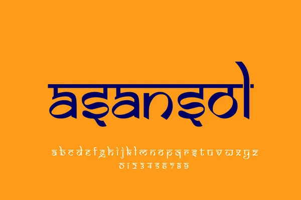 Indian City Asansol text design. Indian style Latin font design, Devanagari inspired alphabet, letters and numbers, illustration.