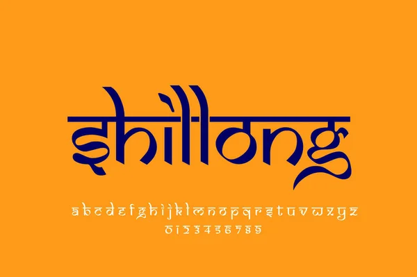Indian City shillong text design. Indian style Latin font design, Devanagari inspired alphabet, letters and numbers, illustration.