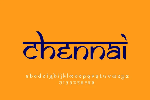 Indian City Chennai text design. Indian style Latin font design, Devanagari inspired alphabet, letters and numbers, illustration.