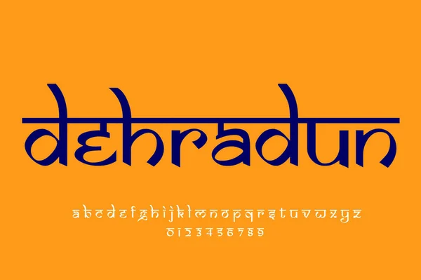 Indian City dehradun text design. Indian style Latin font design, Devanagari inspired alphabet, letters and numbers, illustration.