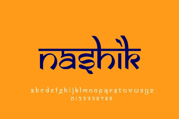 Indian City Nashik text design. Indian style Latin font design, Devanagari inspired alphabet, letters and numbers, illustration.