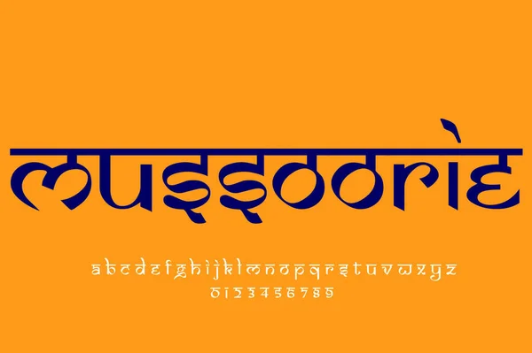 stock image Indian City mussoorie text design. Indian style Latin font design, Devanagari inspired alphabet, letters and numbers, illustration.