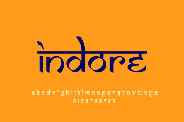 Indian City Indore text design. Indian style Latin font design, Devanagari inspired alphabet, letters and numbers, illustration.