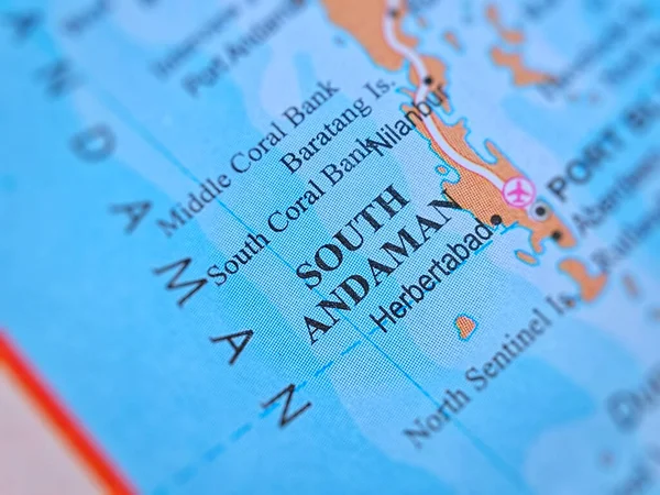 South Andaman on a map of India with blur effect.