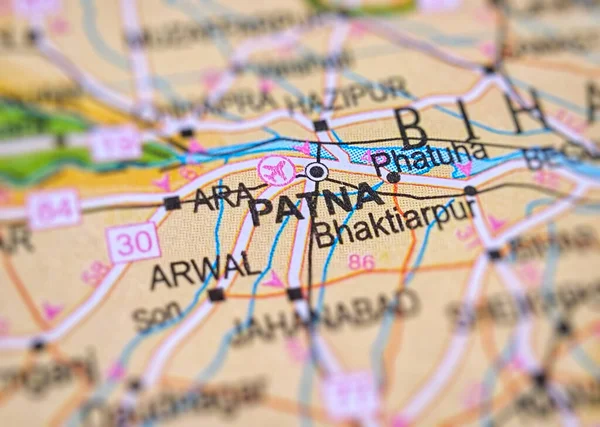 Patna on a map of India with blur effect.