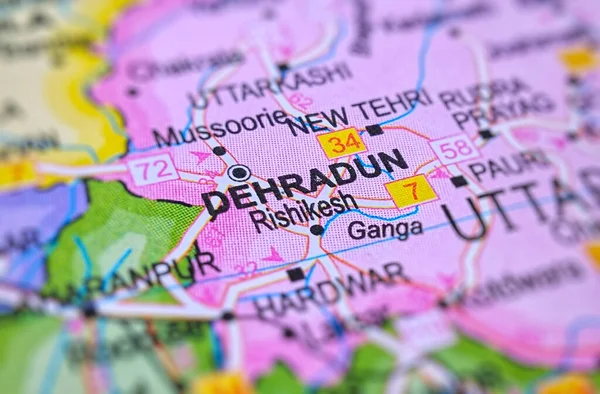 Dehradun on a map of India with blur effect.