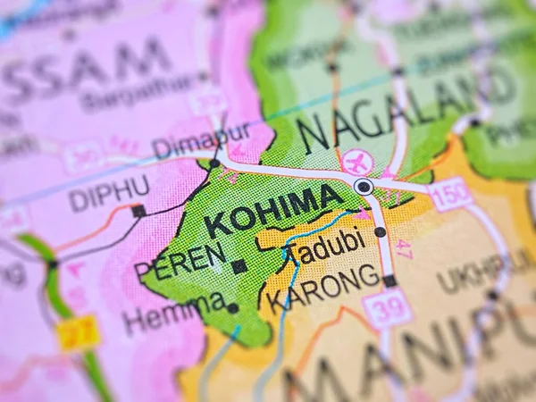 Kohima on a map of India with blur effect.