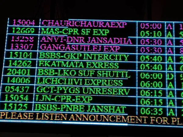 Indian rail way schedule board in English. Train information on a large screen domestic departure and arrival board