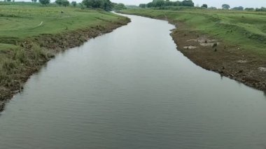 Dalgalarıyla gri bir nehir, akan bir nehrin havadan görünüşü