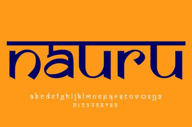 Country Nauru metin tasarımı. Hint tarzı Latince yazı tipi tasarımı, Devanagari ilham kaynağı alfabe, harfler ve sayılar, illüstrasyon.