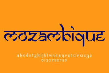 country Mozambik metin tasarımı. Hint tarzı Latince yazı tipi tasarımı, Devanagari ilham kaynağı alfabe, harfler ve sayılar, illüstrasyon.