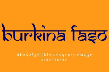 Ülke Burkina Faso metin tasarımı. Hint tarzı Latince yazı tipi tasarımı, Devanagari ilham kaynağı alfabe, harfler ve sayılar, illüstrasyon.