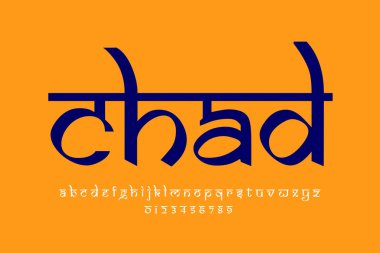 Country Chad metin tasarımı. Hint tarzı Latince yazı tipi tasarımı, Devanagari ilham kaynağı alfabe, harfler ve sayılar, illüstrasyon.