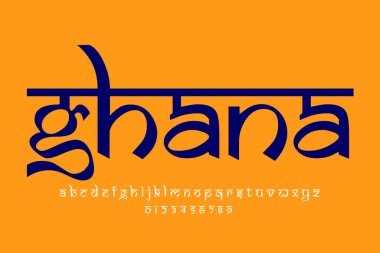 country Gana metin tasarımı. Hint tarzı Latince yazı tipi tasarımı, Devanagari ilham kaynağı alfabe, harfler ve sayılar, illüstrasyon.