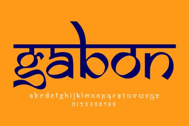 Country Gabon metin tasarımı. Hint tarzı Latince yazı tipi tasarımı, Devanagari ilham kaynağı alfabe, harfler ve sayılar, illüstrasyon.