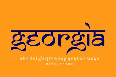 Country Georgia metin tasarımı. Hint tarzı Latince yazı tipi tasarımı, Devanagari ilham kaynağı alfabe, harfler ve sayılar, illüstrasyon.