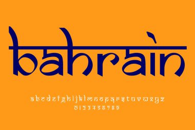 Country Bahreyn metin tasarımı. Hint tarzı Latince yazı tipi tasarımı, Devanagari ilham kaynağı alfabe, harfler ve sayılar, illüstrasyon.