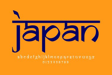 ülke Japonya metin tasarımı adını verdi. Hint tarzı Latince yazı tipi tasarımı, Devanagari ilham kaynağı alfabe, harfler ve sayılar, illüstrasyon.