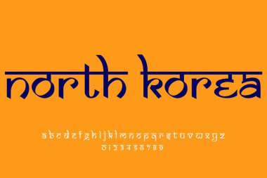 Ülke Kuzey Kore metin tasarımı. Hint tarzı Latince yazı tipi tasarımı, Devanagari ilham kaynağı alfabe, harfler ve sayılar, illüstrasyon.