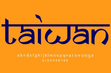 country Taiwan yazı dizaynı. Hint tarzı Latince yazı tipi tasarımı, Devanagari ilham kaynağı alfabe, harfler ve sayılar, illüstrasyon.