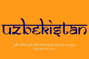 ülke Özbekistan metin tasarımı. Hint tarzı Latince yazı tipi tasarımı, Devanagari ilham kaynağı alfabe, harfler ve sayılar, illüstrasyon.