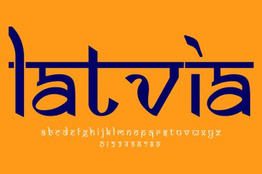 Avrupa ülkesi Letonya metin tasarımı. Hint tarzı Latince yazı tipi tasarımı, Devanagari ilham kaynağı alfabe, harfler ve sayılar, illüstrasyon.