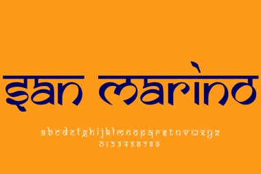 Avrupa ülkesi San Marino metin tasarımı. Hint tarzı Latince yazı tipi tasarımı, Devanagari ilham kaynağı alfabe, harfler ve sayılar, illüstrasyon.