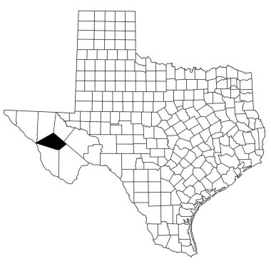 Teksas eyaletindeki Jeff Davis 'in beyaz arka plan haritası. Teksas haritasında siyah renkle işaretlenmiş tek bir bölge haritası. Birleşik Devletler, ABD