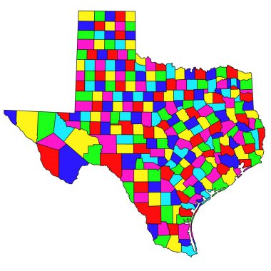 Teksas idari haritası. Teksas haritası farklı renklerde, boş harita, boş Teksas haritası 