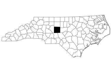 Kuzey Carolina eyaletindeki Randolph County haritası beyaz arka planda. Kuzey Carolina haritasında siyah renkle işaretlenmiş tek bir bölge haritası. Birleşik Devletler, ABD