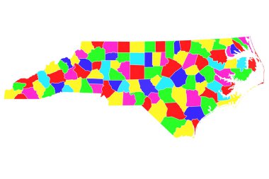 Kuzey Carolina idari haritası. Kuzey Carolina 'nın renkli haritası, boş harita, boş Kuzey Carolina haritası. 