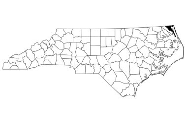 Kuzey Carolina eyaletindeki Currituck County haritası beyaz arka planda. Kuzey Carolina haritasında siyah renkle işaretlenmiş tek bir bölge haritası. Birleşik Devletler, ABD