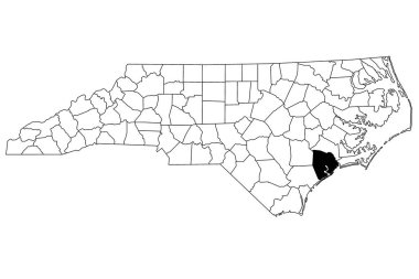 Kuzey Carolina eyaletindeki Oslow County haritası beyaz arka planda. Kuzey Carolina haritasında siyah renkle işaretlenmiş tek bir bölge haritası. Birleşik Devletler, ABD