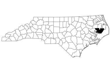 Kuzey Carolina eyaletindeki Hyde County haritası beyaz arka planda. Kuzey Carolina haritasında siyah renkle işaretlenmiş tek bir bölge haritası. Birleşik Devletler, ABD