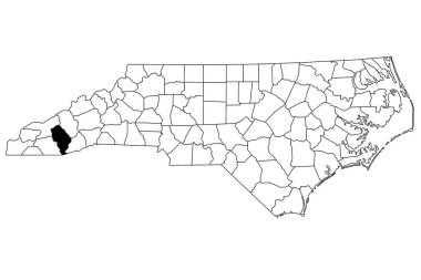 Jackson County 'nin haritası Kuzey Carolina eyaletinde beyaz arka planda. Kuzey Carolina haritasında siyah renkle işaretlenmiş tek bir bölge haritası. Birleşik Devletler, ABD