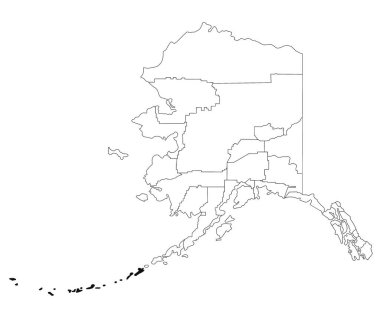 Alaska eyaletinin batısındaki Aleutianların haritası beyaz arka planda. Alaska haritasında siyah renkle işaretlenmiş tek bir bölge haritası. Birleşik Devletler, ABD