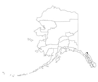 Alaska 'daki Skagway ilçesinin haritası beyaz arka planda. Alaska haritasında siyah renkle işaretlenmiş tek bir bölge haritası. Birleşik Devletler, ABD