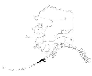 Alaska eyaletindeki Aleutianların haritası beyaz arka planda. Alaska haritasında siyah renkle işaretlenmiş tek bir bölge haritası. Birleşik Devletler, ABD