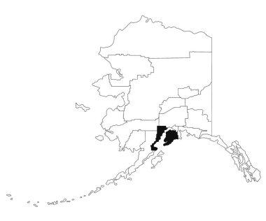 Alaska eyaletindeki Kenai Yarımadası haritası beyaz arka planda. Alaska haritasında siyah renkle işaretlenmiş tek bir bölge haritası. Birleşik Devletler, ABD