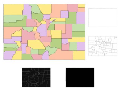 Colorado idari haritası, Colorado ana hatları ve sağlam harita seti - illüstrasyon sürümü