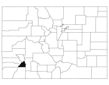 Colorado eyaletindeki San Juan İlçesi haritası beyaz arka planda. Colorado haritasında siyah renkle işaretlenmiş tek bir bölge haritası. Birleşik Devletler, ABD