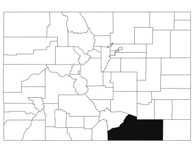 Colorado eyaletindeki Las animas ilçesinin haritası beyaz arka planda. Colorado haritasında siyah renkle işaretlenmiş tek bir bölge haritası. Birleşik Devletler, ABD