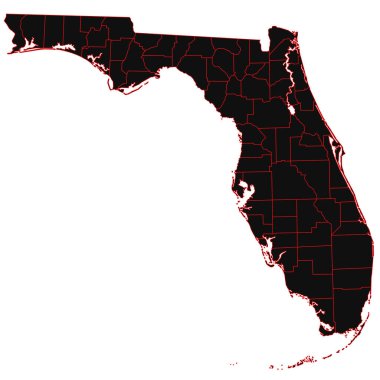 Beyaz arka planda ilçelerin olduğu Florida haritasını çiz. Florida Eyaleti idari haritası, Amerika Birleşik Devletleri, ABD, ABD.