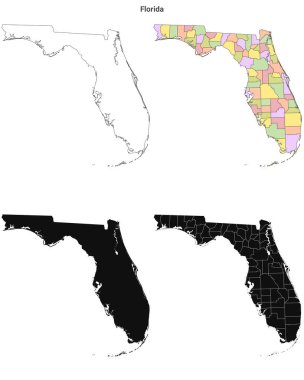 Florida idari haritası, Florida ana hatları ve sağlam harita seti - illüstrasyon versiyonu