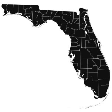 Beyaz arka planda ilçelerin olduğu Florida haritasını çiz. Florida Eyaleti idari haritası, Amerika Birleşik Devletleri, ABD, ABD.
